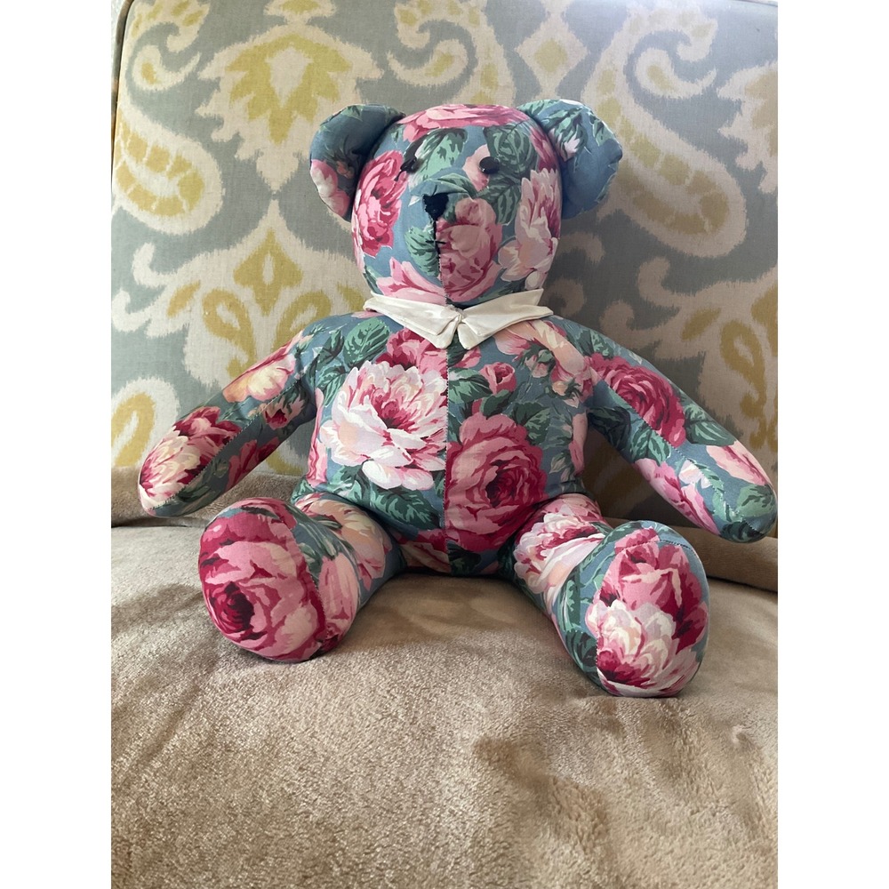 Vintage Handmade Floral Teddy Bear Pink Rose Chintz Cottagecore 1992 13in Plush